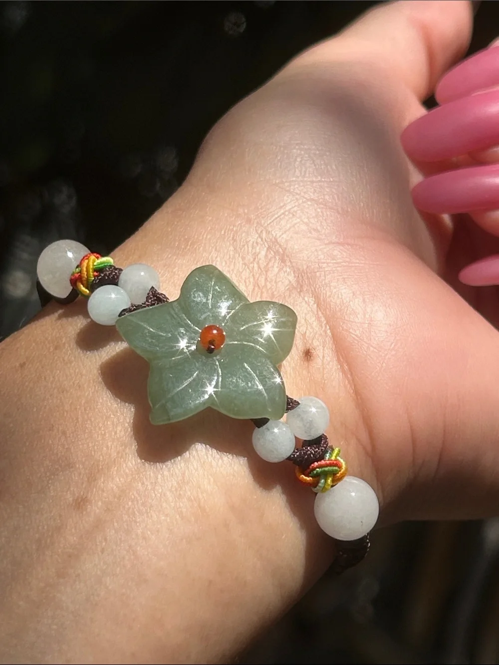 Handmade Green Jade Flower Beaded Adjustable Bracelet.